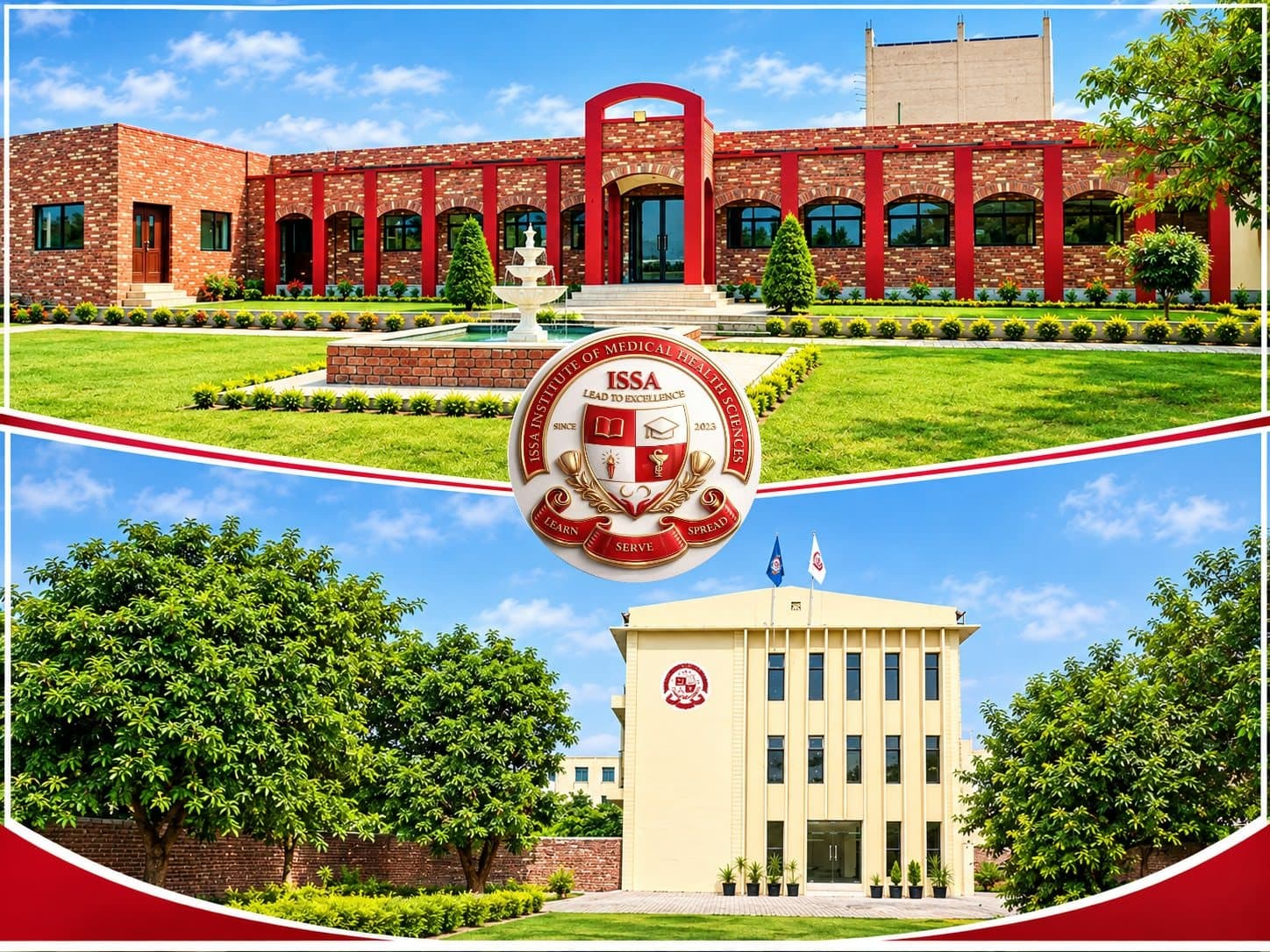 Two views of the ISSA campus — the red-brick arcade with its fountain and the cream academic block — with the ISSA crest