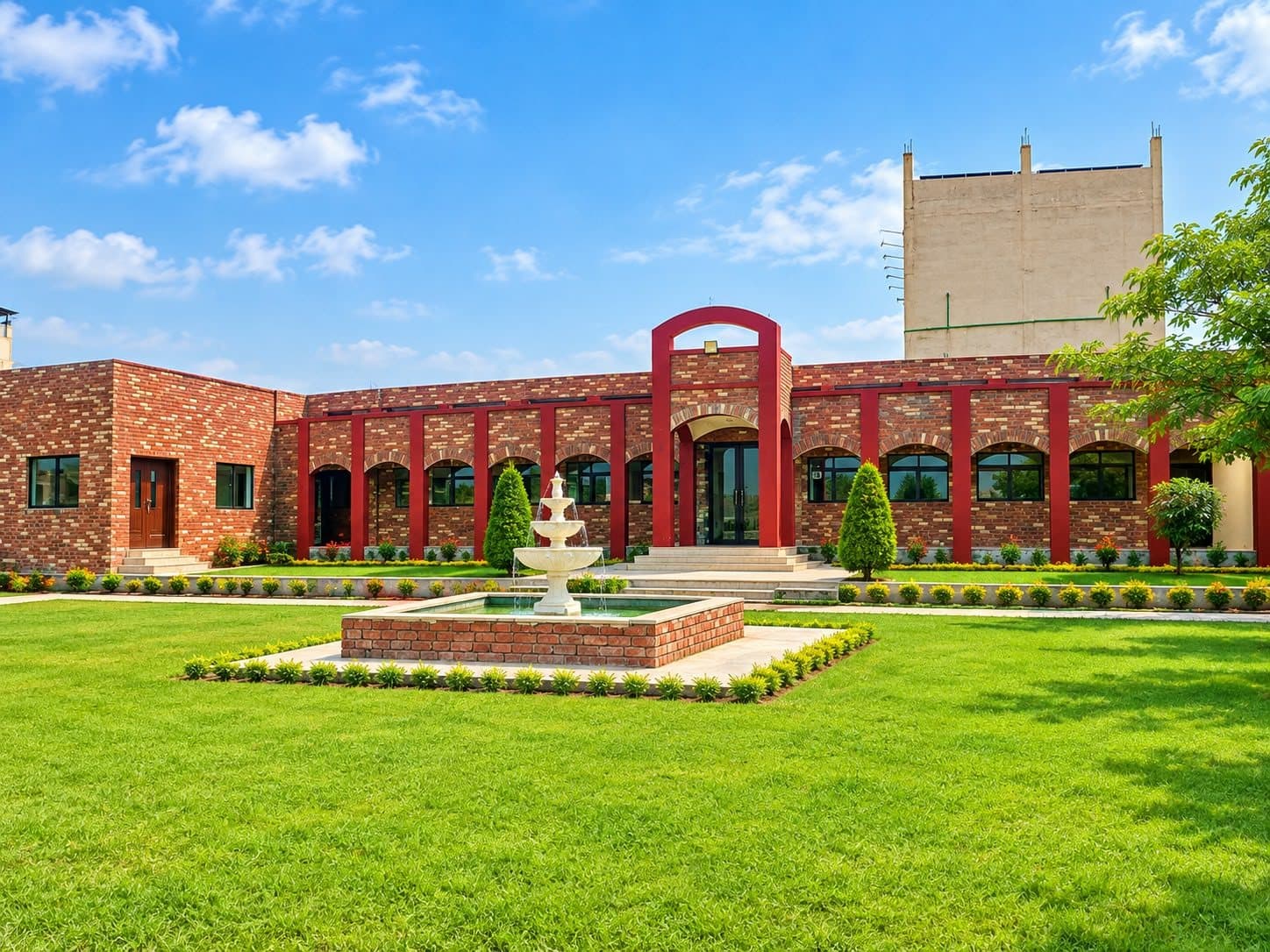 The red-brick arcade of the ISSA main block behind a lawn and fountain