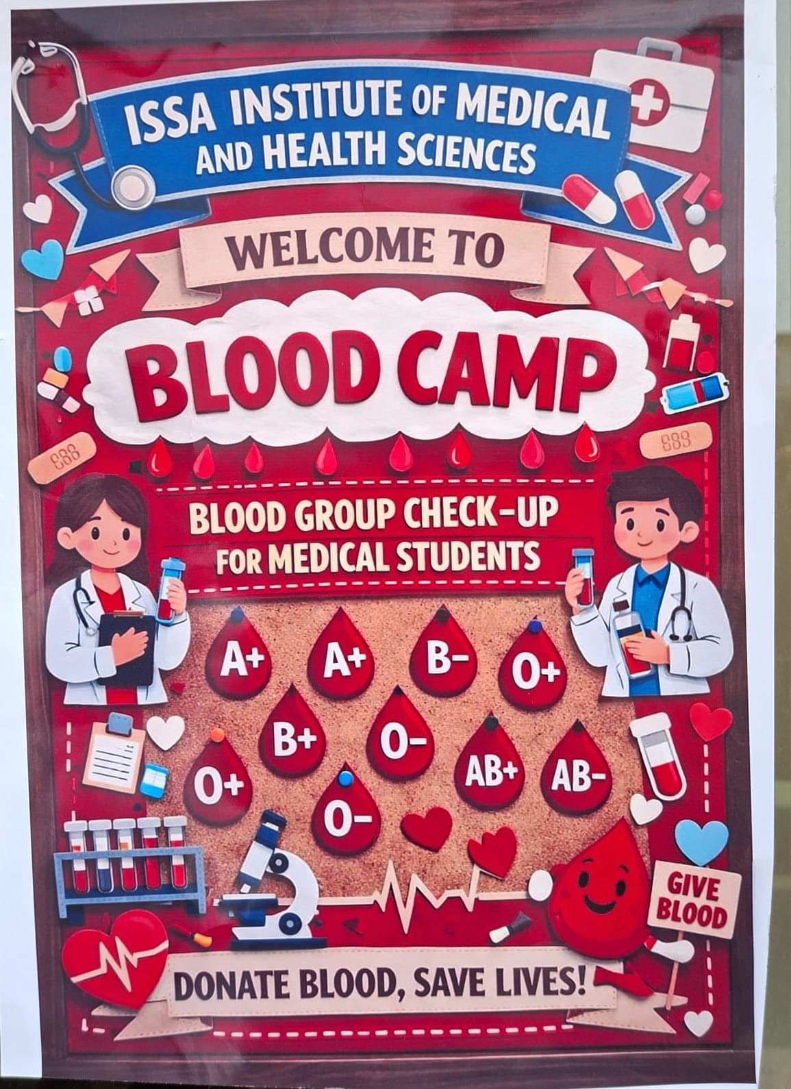 Poster: Welcome to Blood Camp — blood group check-up for medical students. Donate blood, save lives